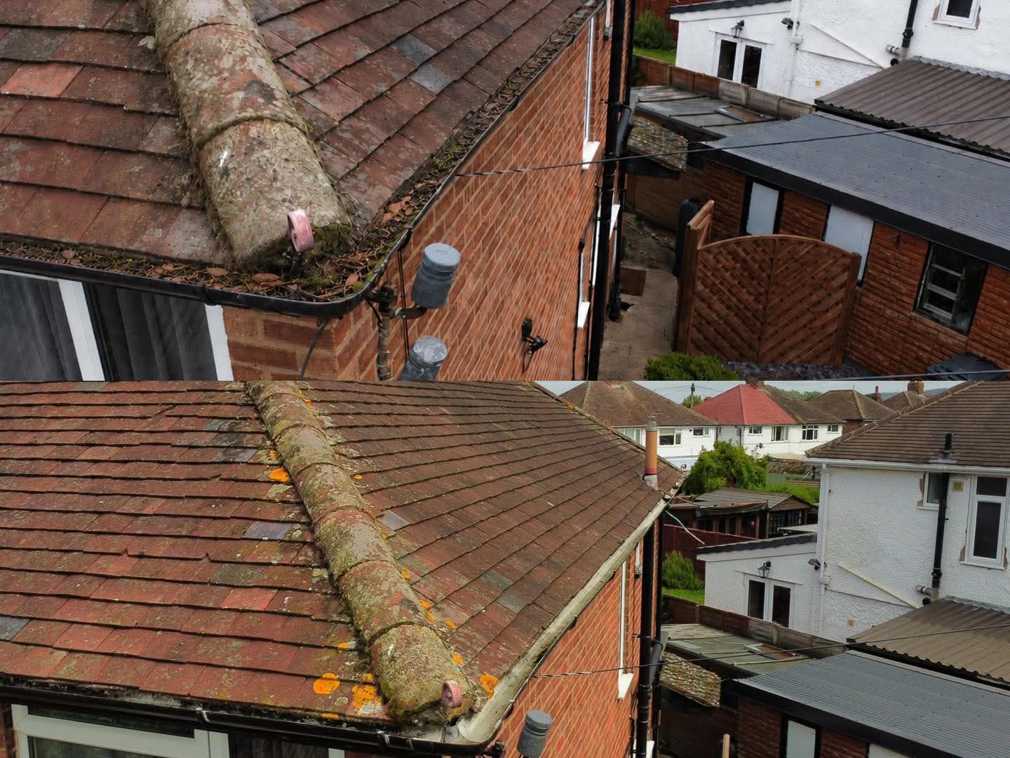 Before and after aerial views of moss and debris cleared from a domestic roofline gutter
