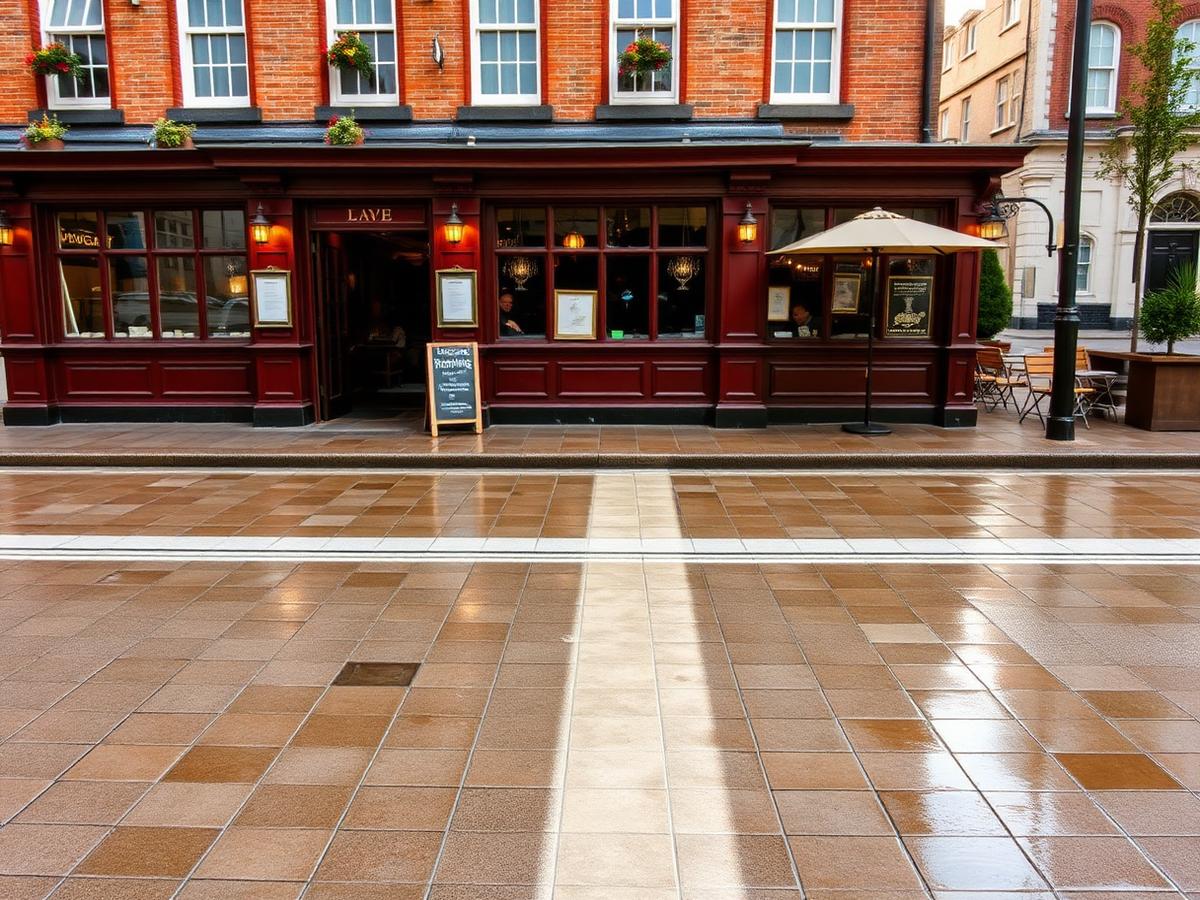 Freshly cleaned paved entrance outside a British pub