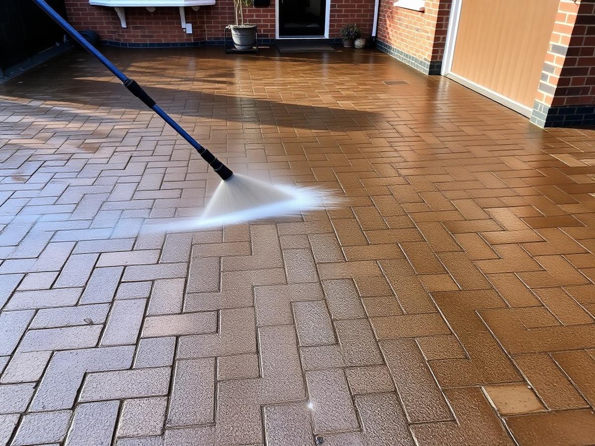 Block paved driveway being pressure washed