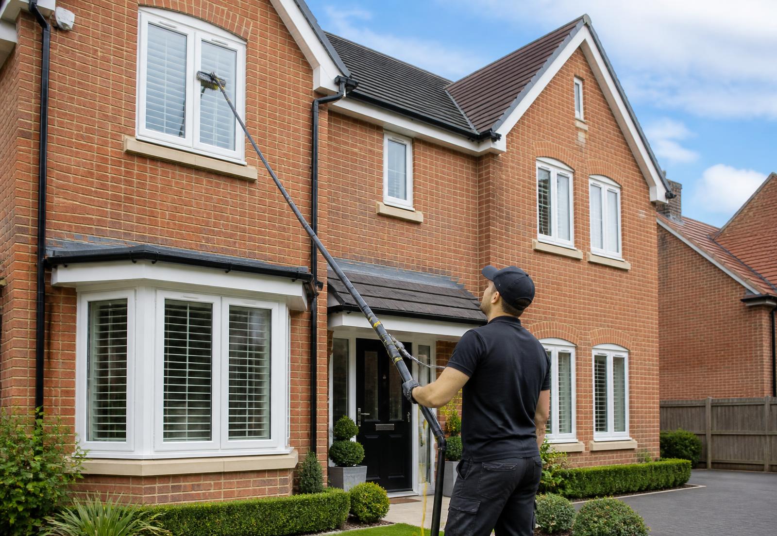 Window cleaner using a water fed pole to clean upstairs windows on a UK home