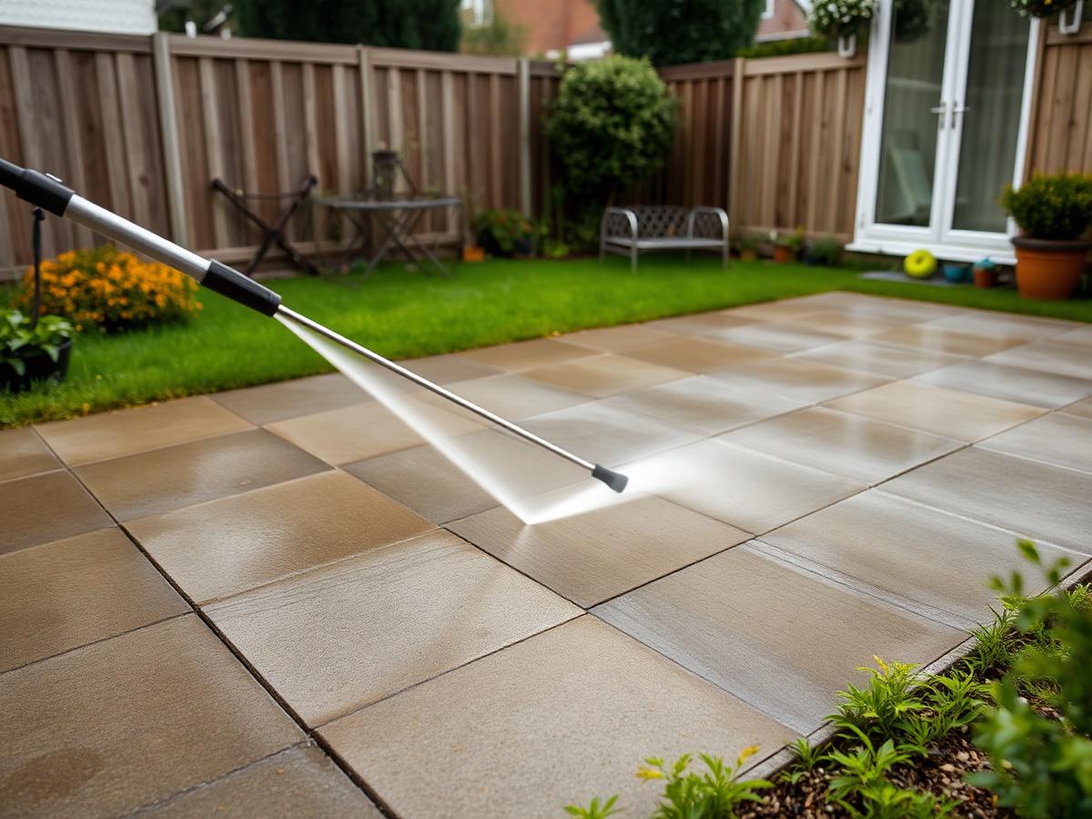 Patio paving being pressure washed