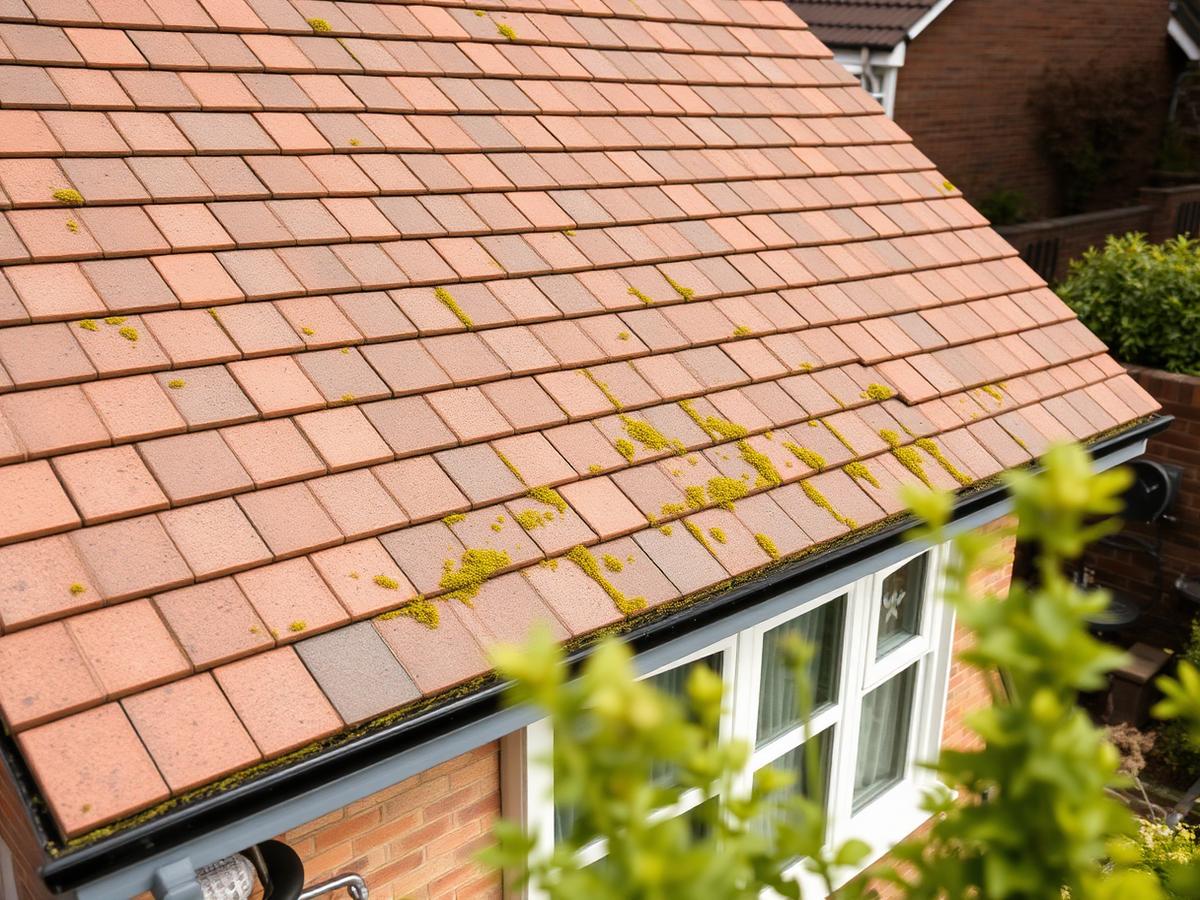 Tiled UK roof with moss growth