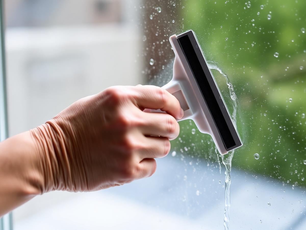 Cleaning a window pane by hand with a squeegee