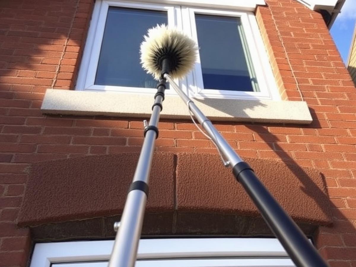 Extendable water fed pole reaching a first-floor window
